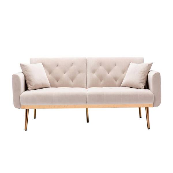 Utopia 4niture Zenith 63.78 in. Square Arm Velvet Mid-Century Modern Straight Reclining Tufted Sofa in Beige