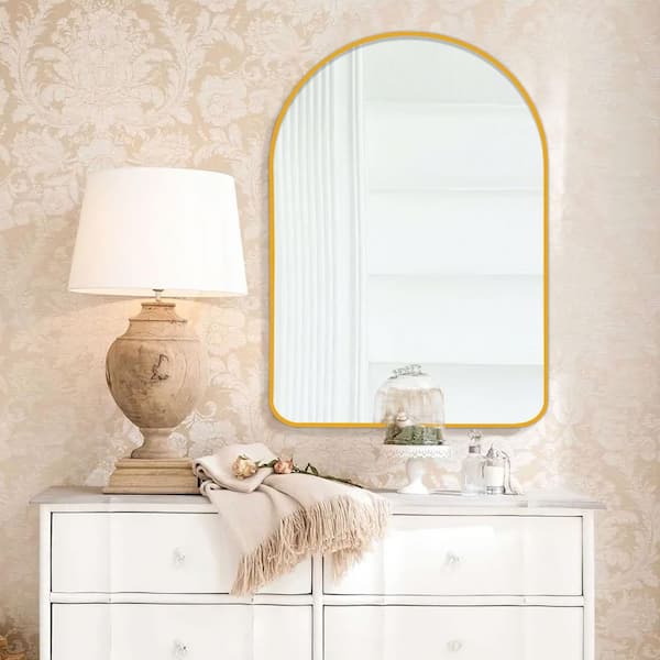 1-Piece Gold 24 in. W x 35 in. H Aluminum Alloy Thin Edged Round Corner Arched Framed Wall Mirror