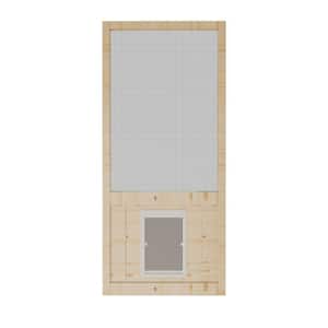 36 in. x 80 in. Single Universal Paneled Finished Pine Wood and Gauze Mesh Hinged Screen Door with Pet Door