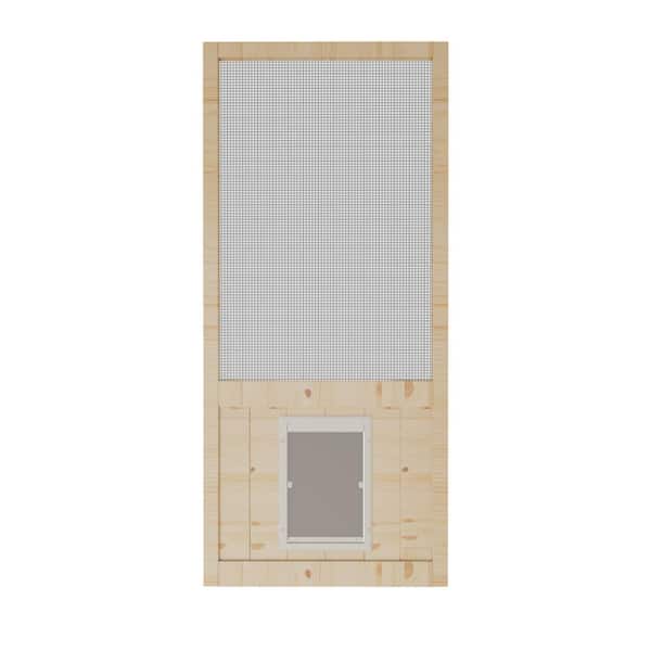 36 in. x 80 in. Single Universal Paneled Unfinished Pine Wood and Gauze Mesh Hinged Screen Door with Pet Door