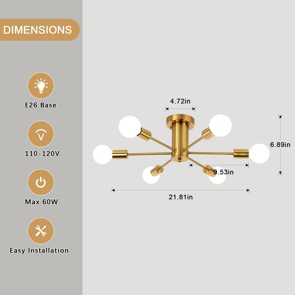 Gold 6-Light Sputnik Semi-Flush Mount Ceiling Fixture