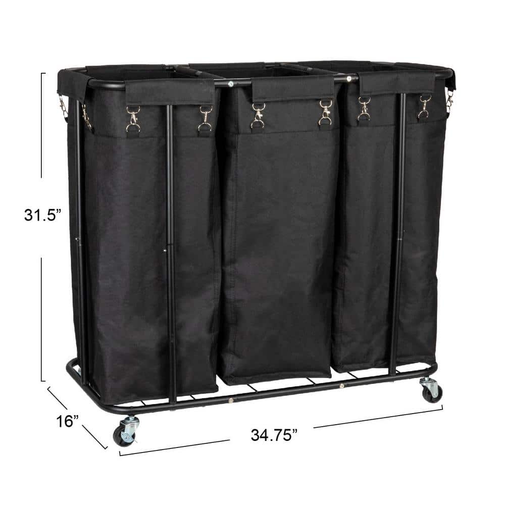 Black Metal 3-Bag Rolling Laundry Sorter with Wheels