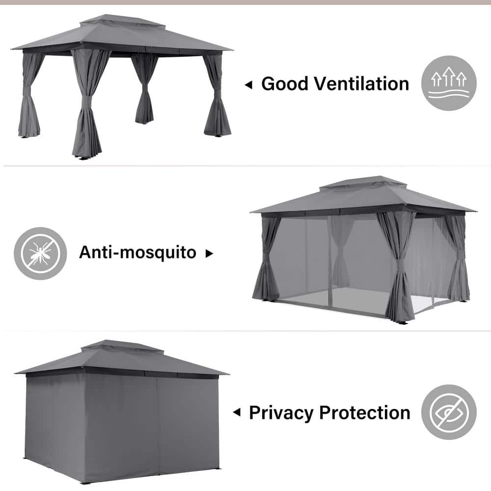 Gray 10'x13' Steel Patio Gazebo with Double Roof and Mosquito Netting