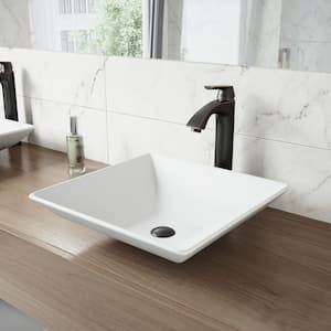 Matte Stone Hibiscus Composite Square Vessel Bathroom Sink in White with Linus Faucet and Pop-Up Drain in Antique Bronze
