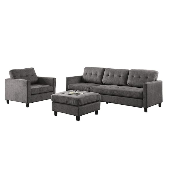 Acme Furniture Ceasar 59 in. W Square Arm 3-Piece Fabric L Shaped Sectional Sofa in Gray with Ottoman