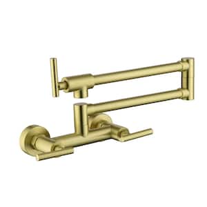 Wall Mounted Pot Filler for Hot and Cold Water 2-Hole Brass 3-Handle Folding Kitchen Faucets in Brushed Gold