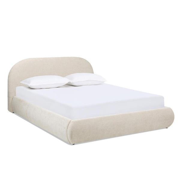 Archie Puffy Oatmeal Light Beige Upholstered Frame Queen Platform Bed Chenille