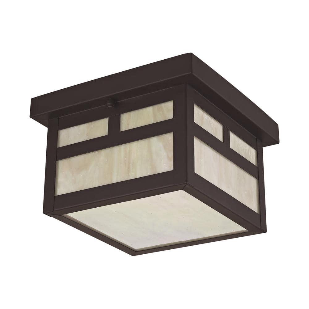 Bronze Montclair Mission 1-Light Outdoor Flush Mount with Iridescent Tiffany Glass