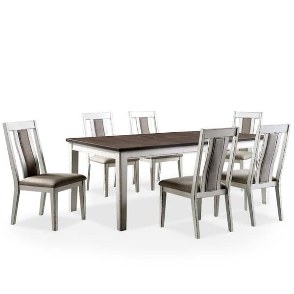 Furniture of America Shumard 7-Piece Rectangle Weathered White and Dark Walnut Wood Top Dining Table Set (Seats 6)