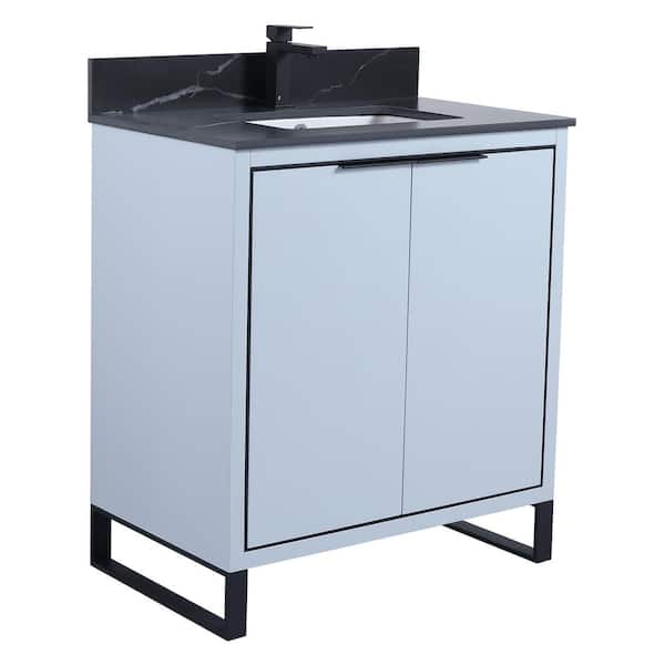 FINE FIXTURES Opulence 30 in. W x 18 in. D x 33.5 in. H Bath Vanity in Pastel Blue with Black Marble Single sink Top