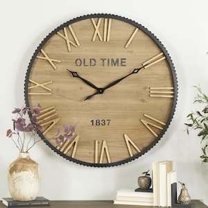 36 in. x 36 in. Brown Wooden Wall Clock with Gold Accents