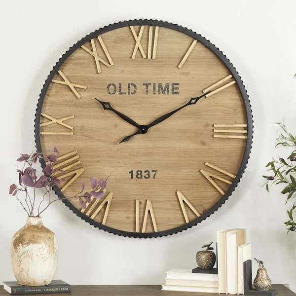36 in. x 36 in. Brown Wooden Wall Clock with Gold Accents