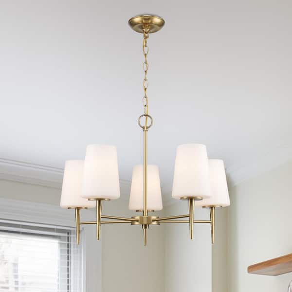 Bel Air Lighting Horizon 5-Light Gold Hanging Chandelier Light Fixture with Frosted Glass Shades