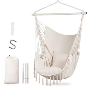 Hammock Chair Hanging Rope Swing Seat-Max 450lbs Capacity, Extra Large Macrame Hanging Swing with Side Pocket, Beige