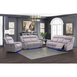 George 86 in. Wide Straight Arm 3-peice Fabric Power Reclining Set with Heat plus Massage, Gray