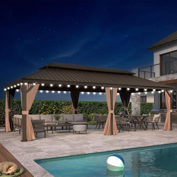 12 ft. x 24 ft. Bronze Patio Outdoor Gazebo for Backyard Hardtop Aluminum Frame Hooks Netting Khaki Curtain 48-Lights