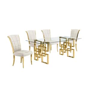 Dominga 5-Piece Rectangular Glass Top Gold Stainless Steel Dining Set with 4 Cream Velvet Long Back Gold Stainless