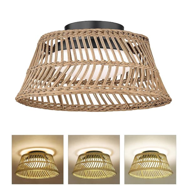 JAZAVA 11.8 in. 12-Watt Modern Black Integrated LED Flush Mount Acrylic with Hand-Woven Boho Shade