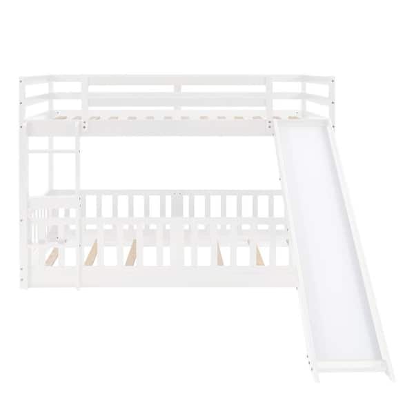 ANBAZAR White Twin Size Multi-functional Bunk Beds with Slide and Ladder, Sturdy Wood Twin Kids Bunk Bed Frame with Saferail
