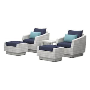 Cannes 5-Piece All Weather Wicker Patio Club Chair and Ottoman Conversation Set with Blue Cushions