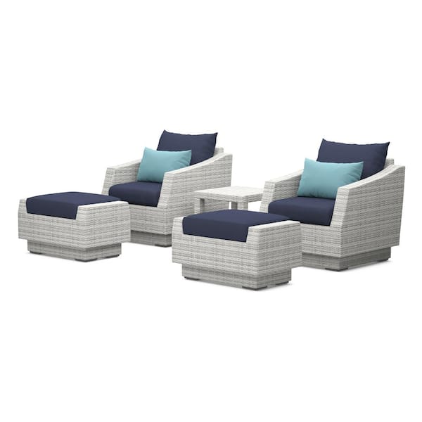 RST BRANDS Cannes 5-Piece All Weather Wicker Patio Club Chair and Ottoman Conversation Set with Blue Cushions