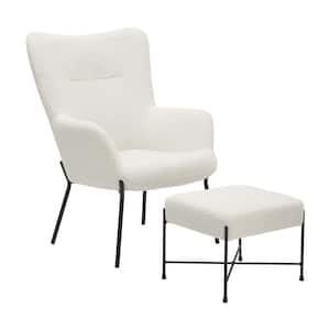 Izzy White Sherpa and Black Metal Lounge Chair with Ottoman