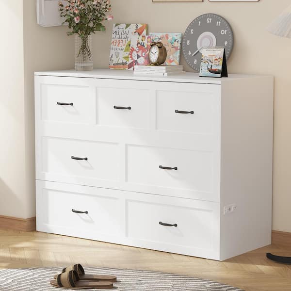 White Wood Frame Queen Size Bed Murphy Bed Chest Cabinet With Large Drawer, USB Charging Station and Wheels