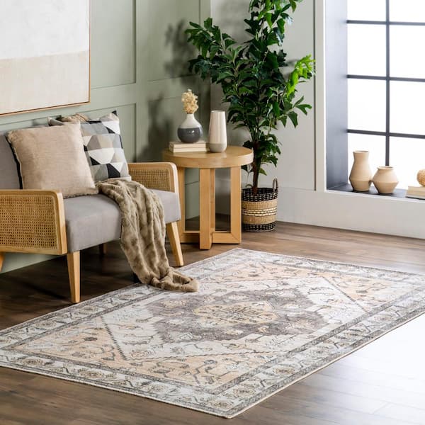 Autumn Vintage Machine Washable Gray 4 ft. x 6 ft. Area Rug