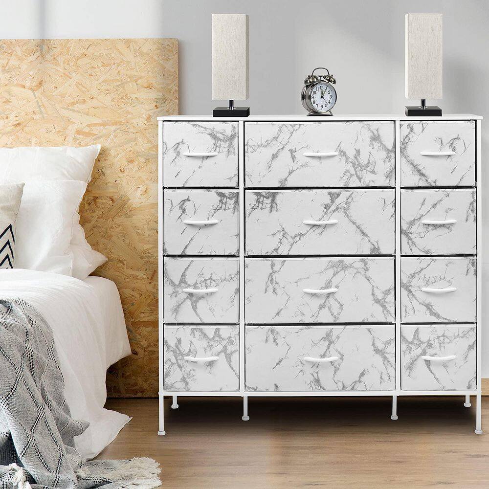 Sorbus White 12-Drawer Vertical Dresser with Marble Print Fabric Bins