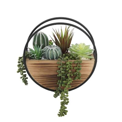 11 in. Round Wood and Metal Wall Faux Succulents Mix