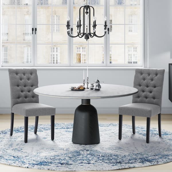 NINA Button Tufted Back Gray Linen Upholstered Dining Side Chair (Set of 2)