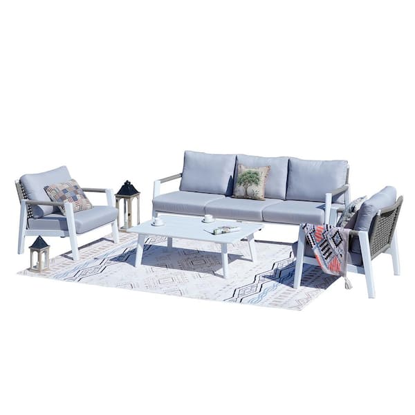 DIRECT WICKER Cynthia 4-Piece Aluminum Woven Rope Patio Conversation Set with Gray Cushions