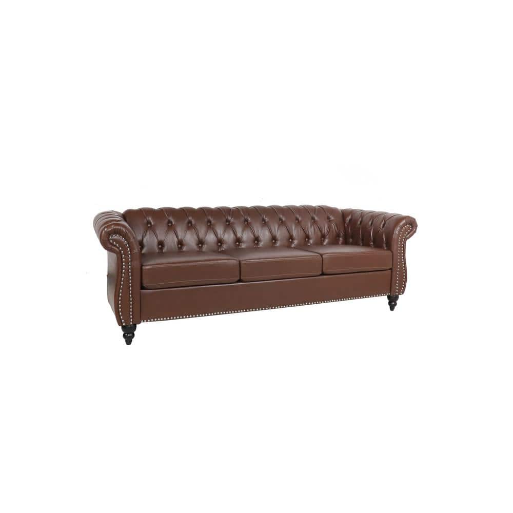 84 in. W Round Arm Rolled Arm Faux Leather Chesterfield 3-Seater Curved Sofa with Reversible Cushions in Dark Brown
