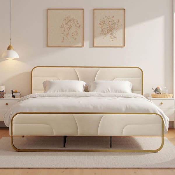 Ahokua Cream White Frame Full Size Soft Velvet Platform Bed with 10 in. Under Bed Storage Supported by Metal and Wooden Slats