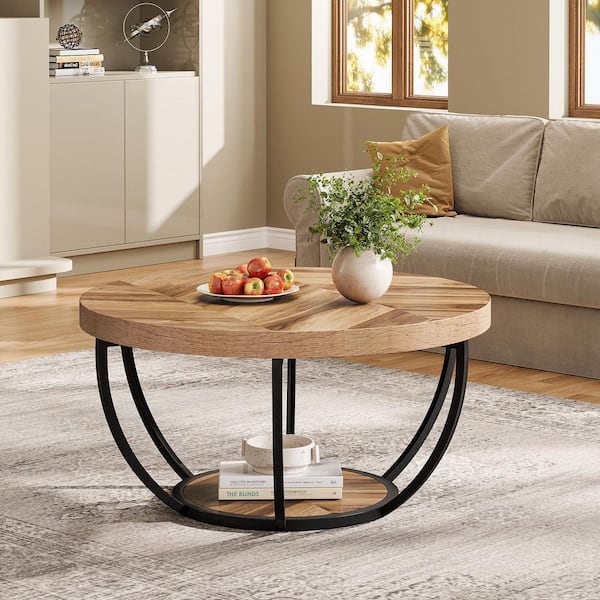 Allan 31.7 in. Light Brown Round Wood Coffee Table with Storage Shelf, Industrial Center Table for Living Room