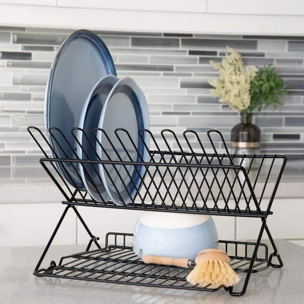 Black Metal Foldable Dish Rack with Utensil Cup