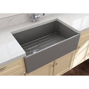Contempo Farmhouse Apron Front Fireclay 33 in. Single Bowl Kitchen Sink with Bottom Grid and Strainer in Matte Gray