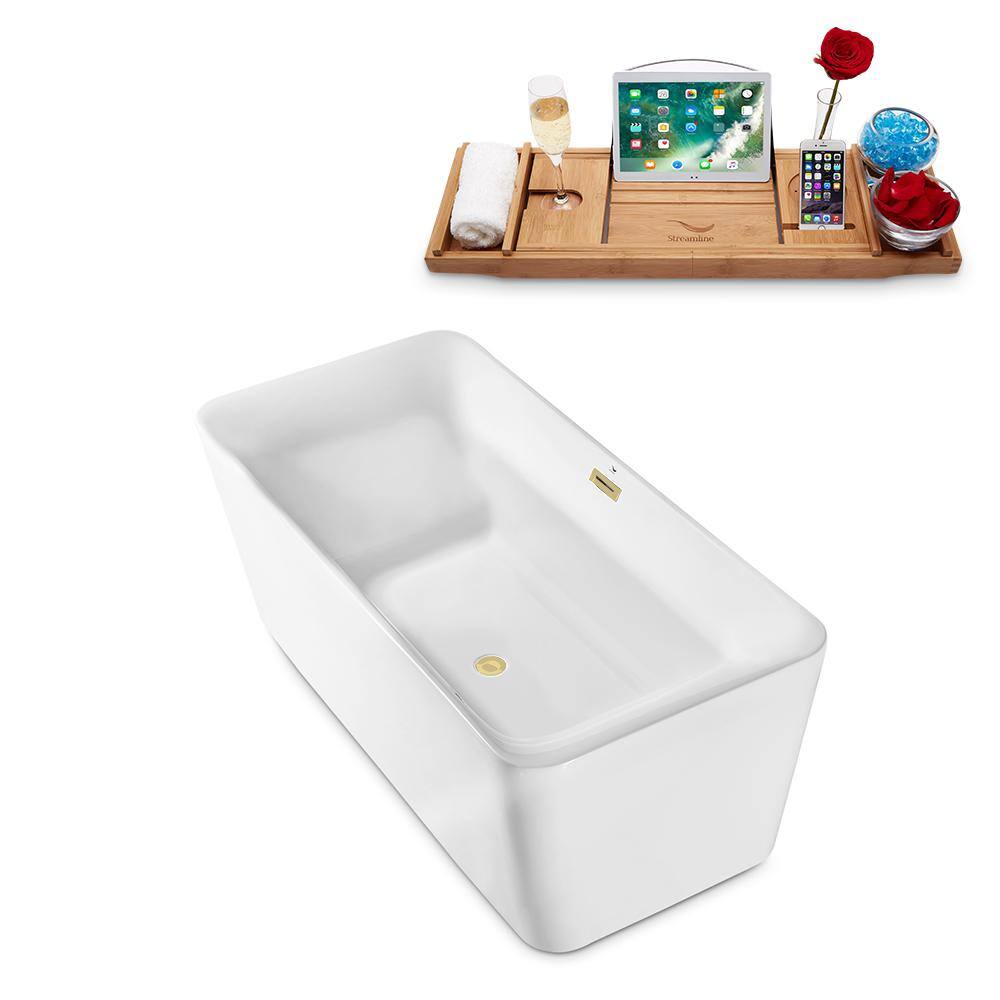 63" White Acrylic Freestanding Soaking Bathtub with Bamboo Tray