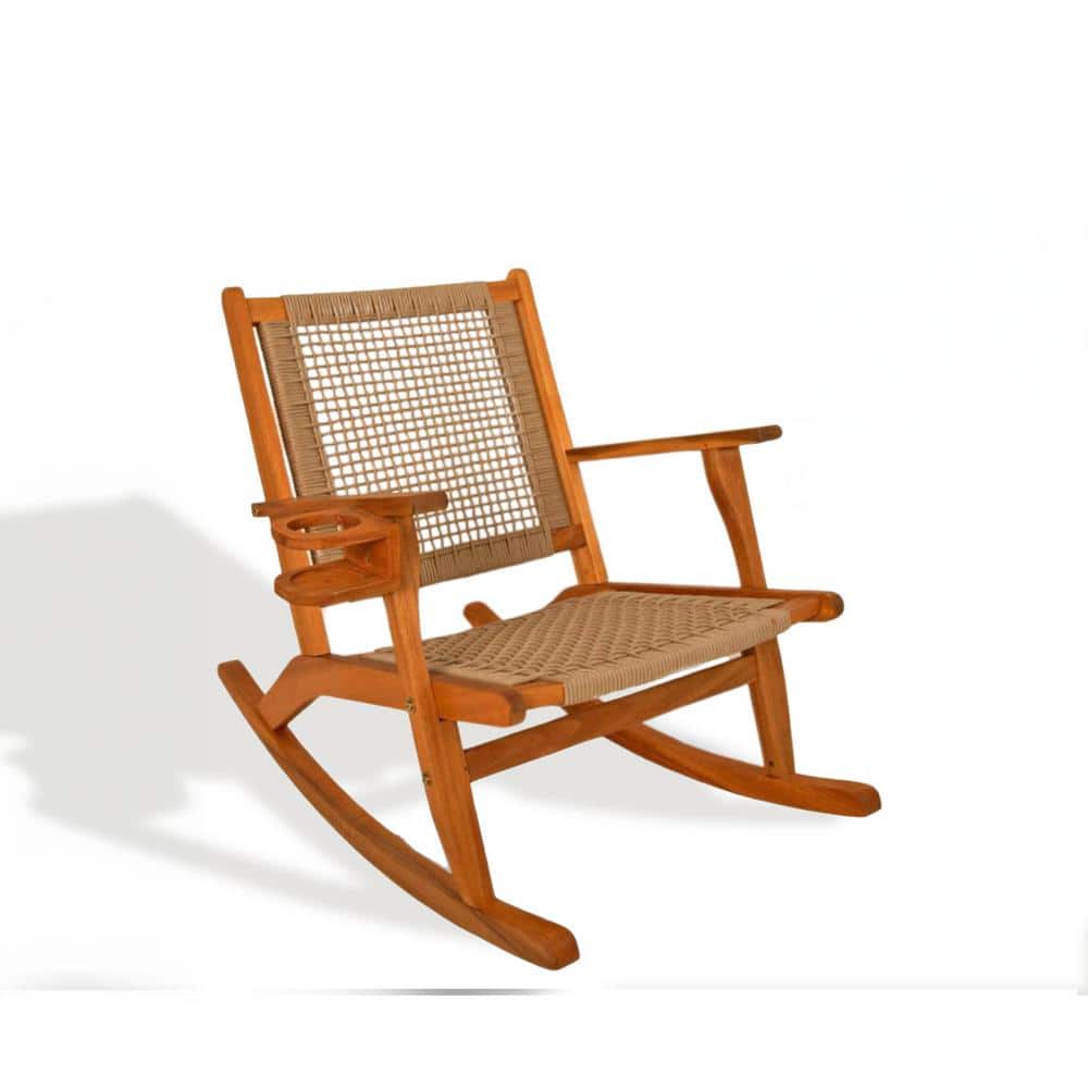 Vega Natural Stained Wood Rocking Chair with Tan Woven Seat