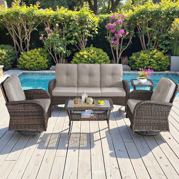 Brown 5-Piece Wicker Patio Conversation Set with Swivel Rockers, Outdoor Sofa Seating Set with Beige Cushions