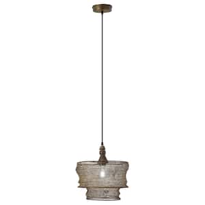 Talia 1-Light Bronze Shaded Pendant with Metallic and Brown Metal and Wood Drum Shade