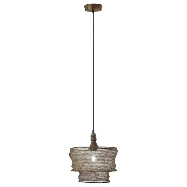 Talia 1-Light Bronze Shaded Pendant with Metallic and Brown Metal and Wood Drum Shade