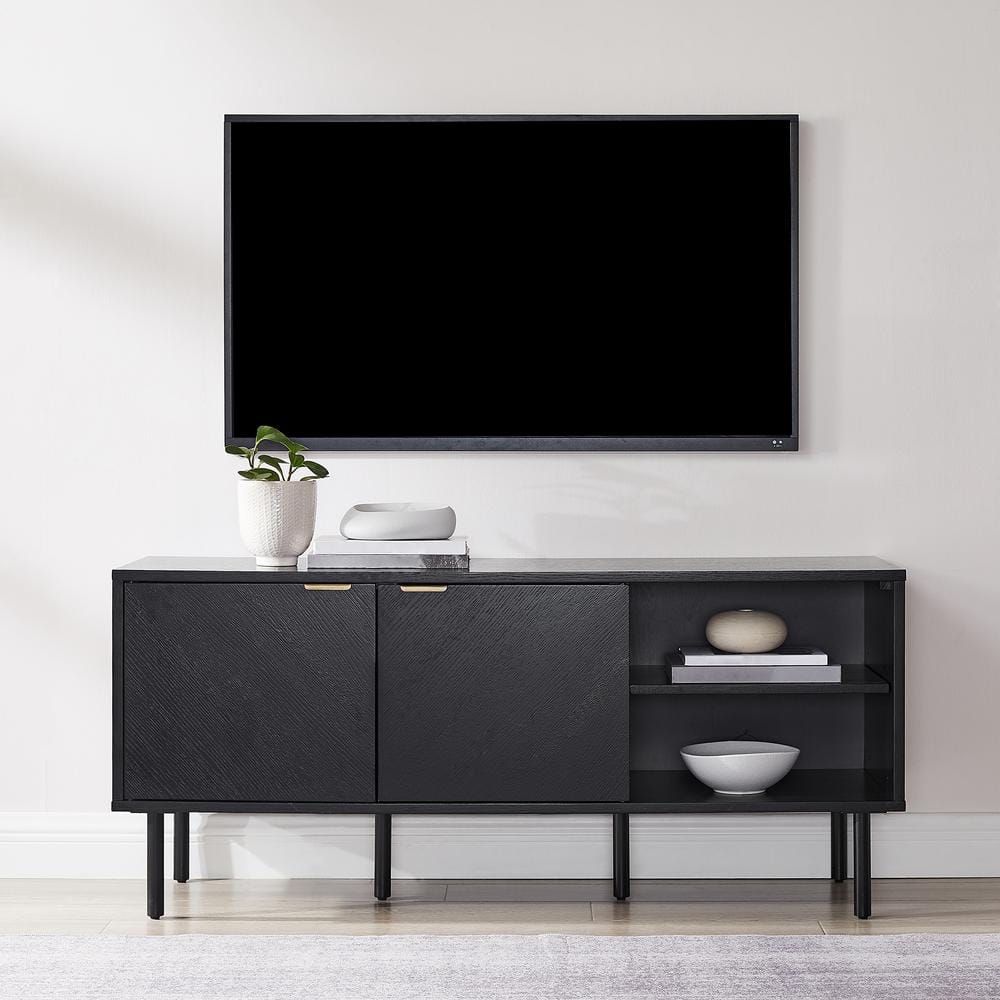 Brody Black Oak Record Storage Sideboard with Brass Handles