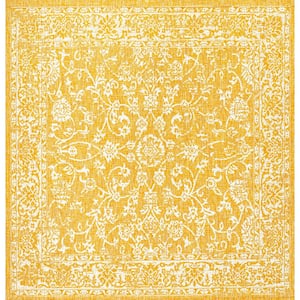Tela Bohemian Textured Weave Floral Yellow/Cream 5 ft. Square Indoor/Outdoor Area Rug