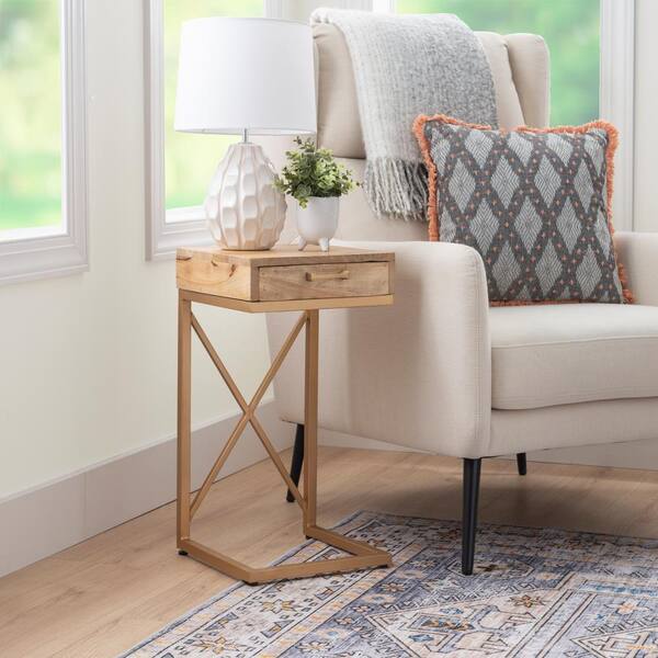 Linon Home Decor Carina 12 in. W Gold Natural Rectangle Wood Top C Table
