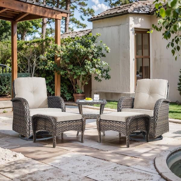 Bellefurn Rotavia 5-Piece Brown Wicker Patio Conversation Set with Swivel Rocking Chairs, Ottomans, Side Table and Beige Cushions