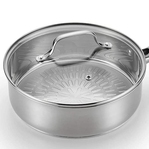 J&V Textiles 4.5 qt. 9.5 in. Silver Tri-Ply Stainless Steel, Professional Grade, Stainless Cookware, Fry Pan with Lid