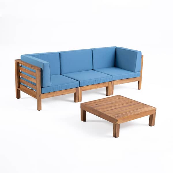 Noble House Oana Teak Brown 4-Piece Wood Outdoor Patio Conversation Set with Blue Cushions