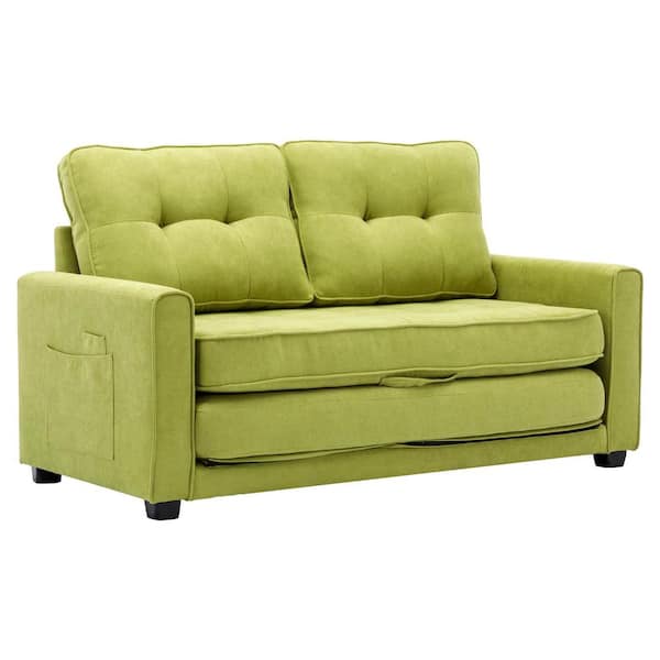 Polibi 59.4 in. Square Arm Chenille Rectangle Sofa with Pull-Out Bed Modern Upholstered Couch with Side Pocket in Green