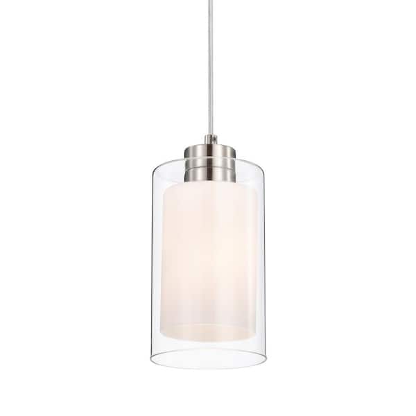 Edvivi Avenue 1-Light Brushed Nickel Mini Pendant with Clear Glass and White Glass Dual Shades